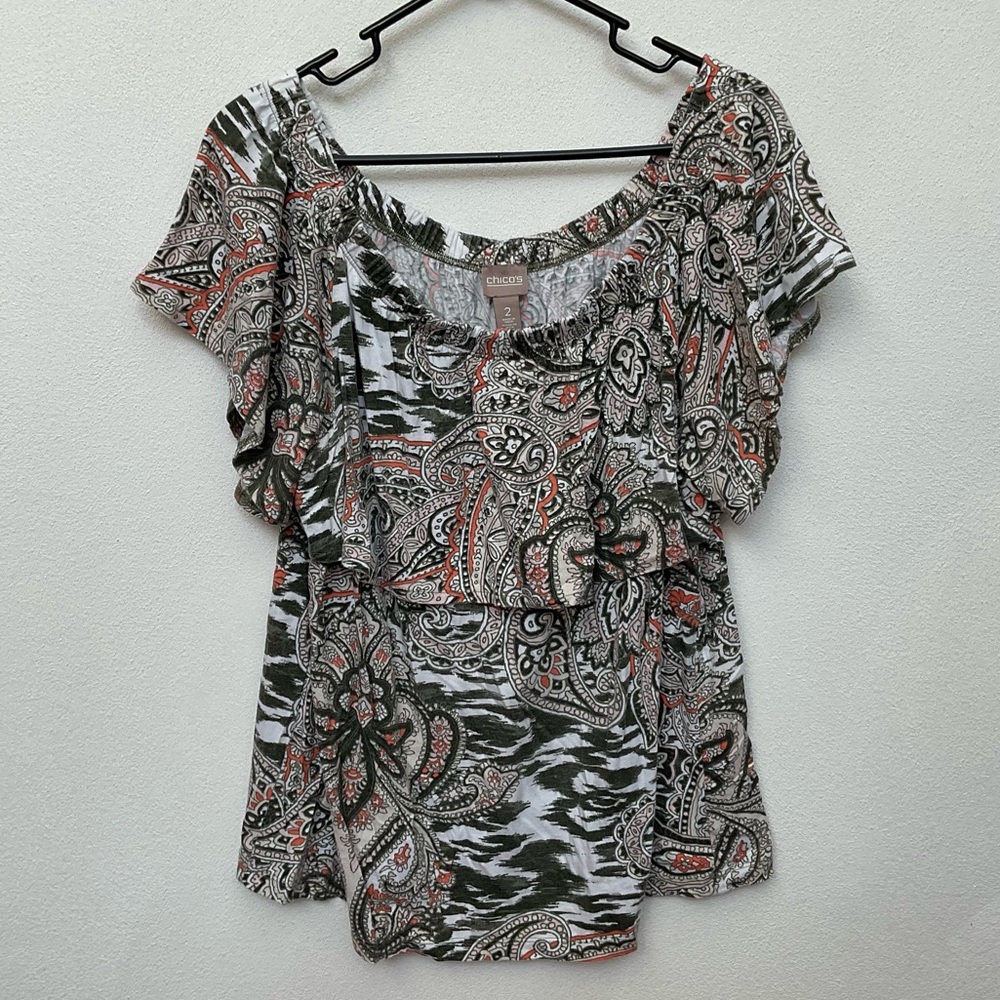 Chico's Green, Orange, Pink Mixed Print Ruffle Elastic Neckline Top Size 2 US L